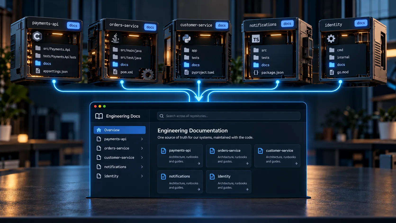 Five service repos in different languages, each with a docs folder, feed into one Engineering Docs site with a sidebar entry per repo and a search box across all repositories.