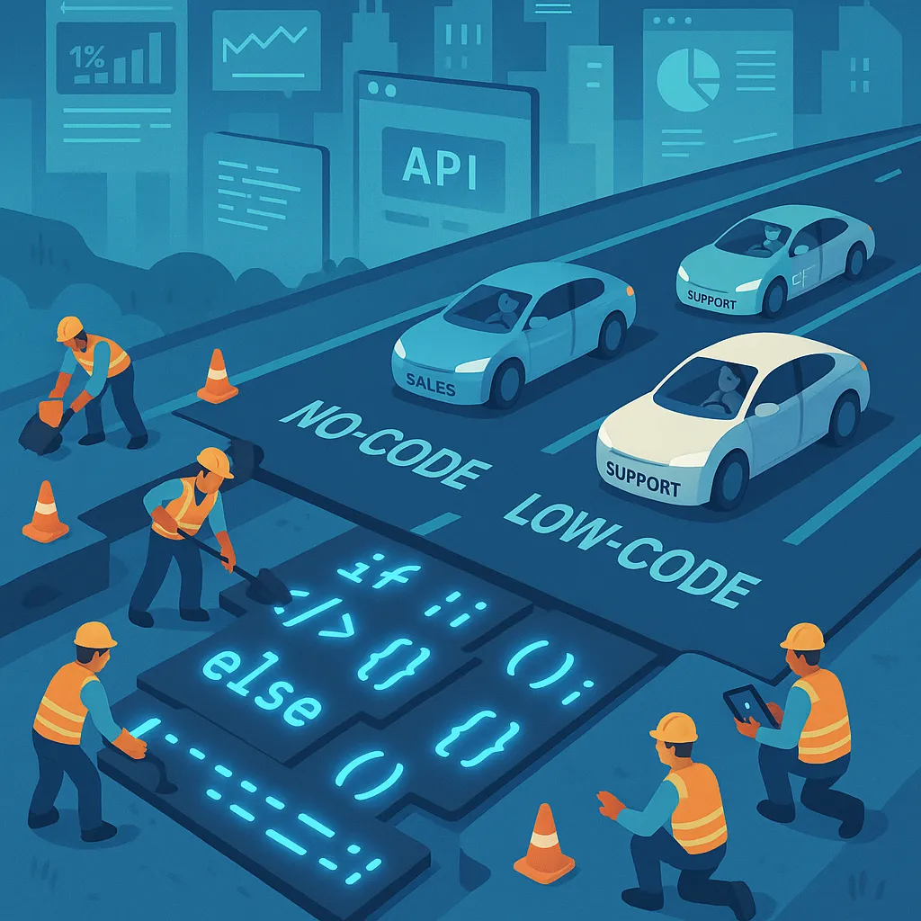 An isometric illustration of a futuristic highway under construction, where software engineers in hard hats are laying down glowing code-shaped road segments.