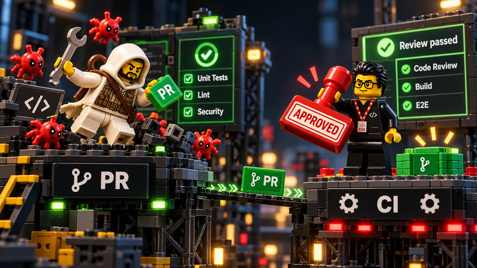 A Lego shepherd with a wrench fights red bugs on a PR platform beside a board of passing unit tests, lint and security checks, then sends a green PR brick across a bridge to a CI platform, where a second figure holds a red APPROVED stamp