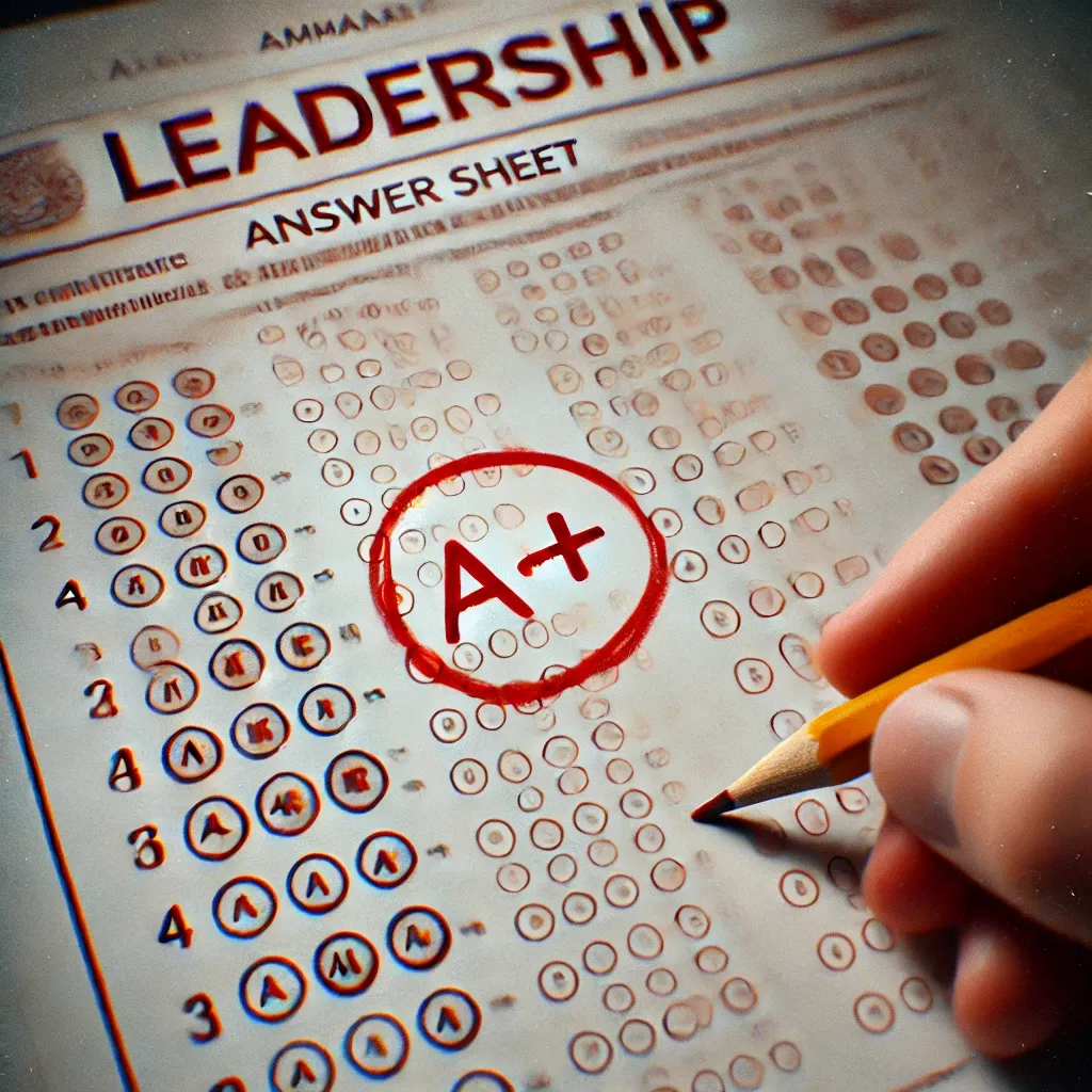 A close-up image of an exam answer sheet titled ‘Leadership’ at the top. The sheet features a multiple-choice section with bubbles filled in. A hand is seen holding a pencil, and a bold red ‘A+’ grade is hand-drawn and circled in the center of the sheet. The overall setting has a realistic, academic feel, highlighting the theme of evaluation and achievement