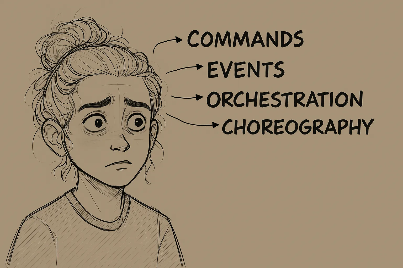 Person thinking about the difference between commands and events.