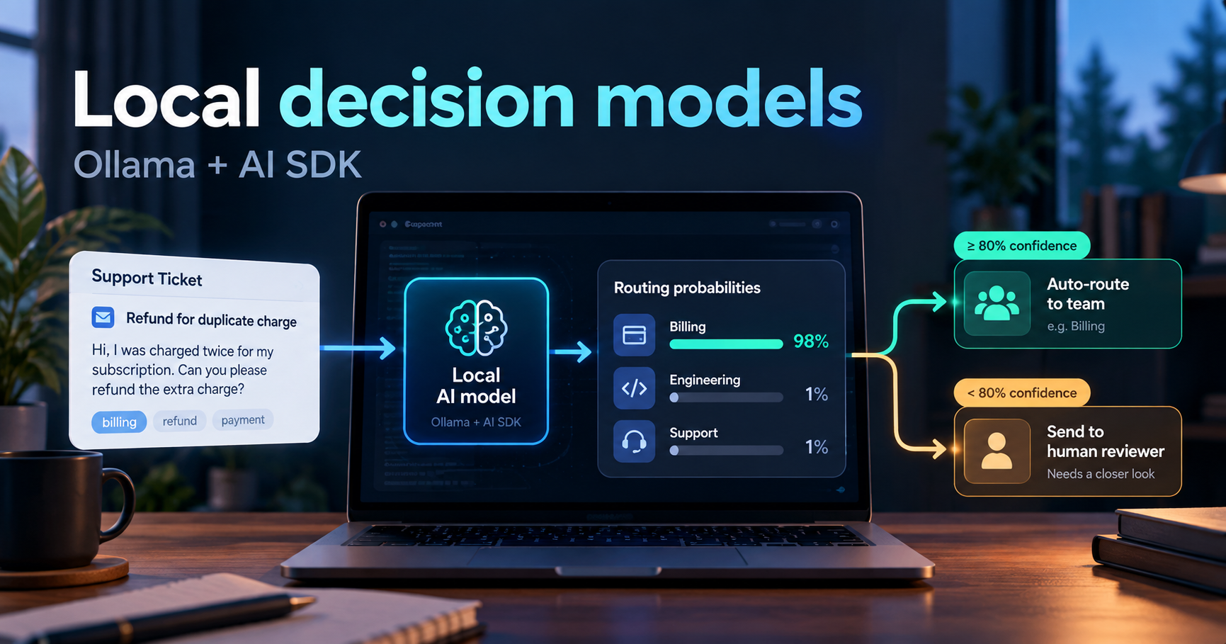 A support ticket goes to a decision model, which returns a percentage for each team. A rule checks the top percentage: 70% or higher routes the ticket to that team automatically; below 70% sends it to a person.