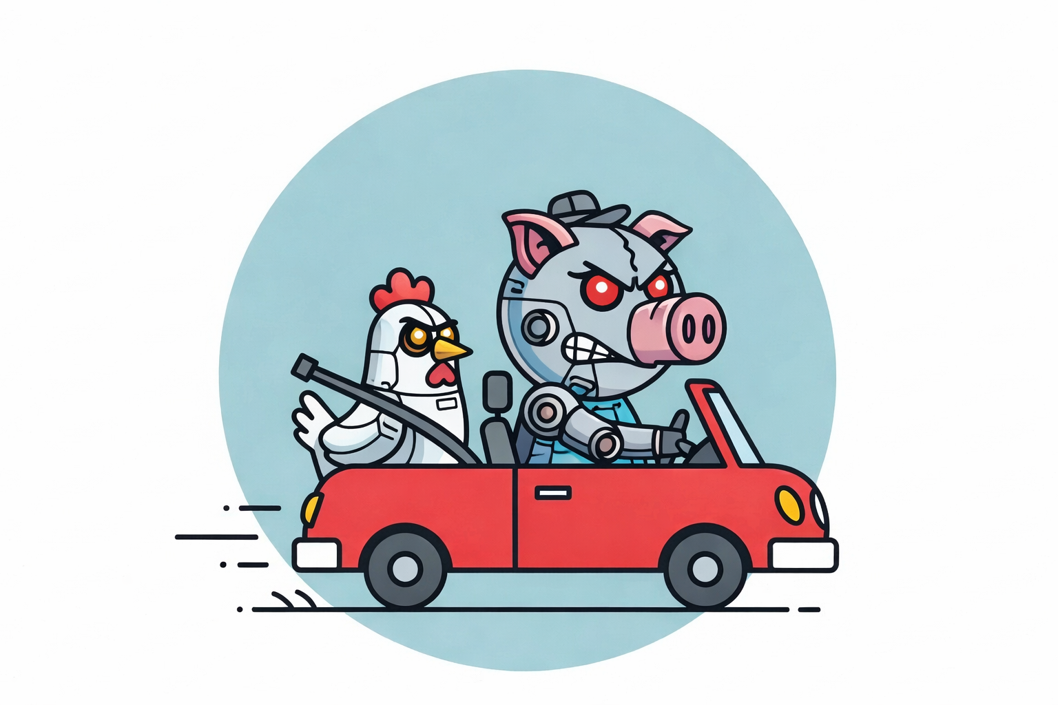 Cartoon illustration of a pig driving and a chicken riding along, suggesting responsibility versus involvement.