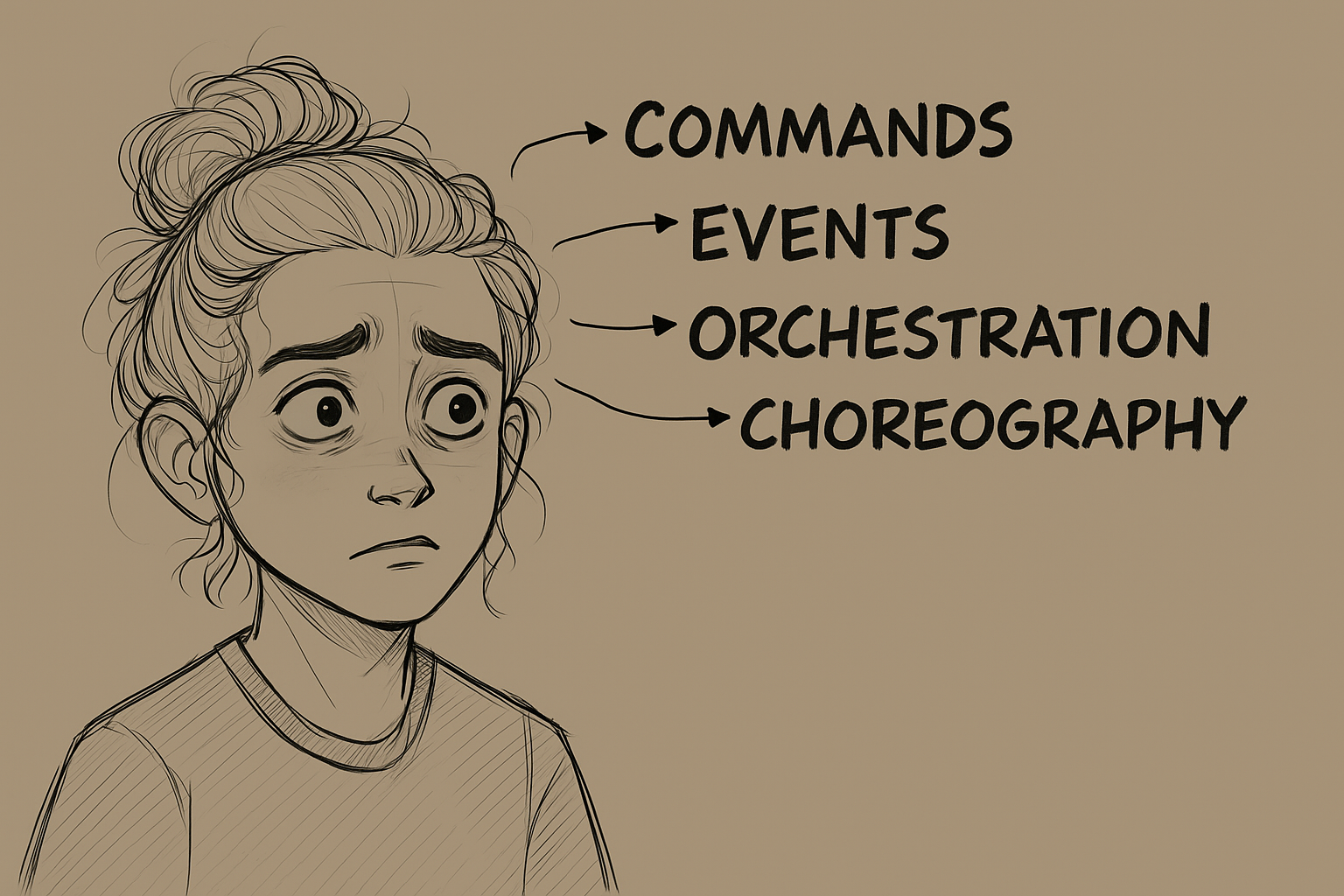 Person thinking about the difference between commands and events.
